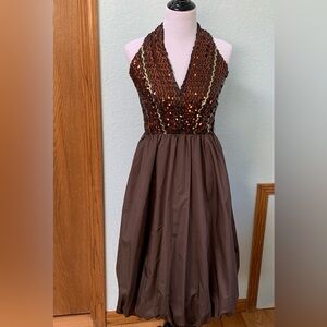 VTG Lillie Rubin 80s Brown Halter Puff Skirt Sequined Party Dress
